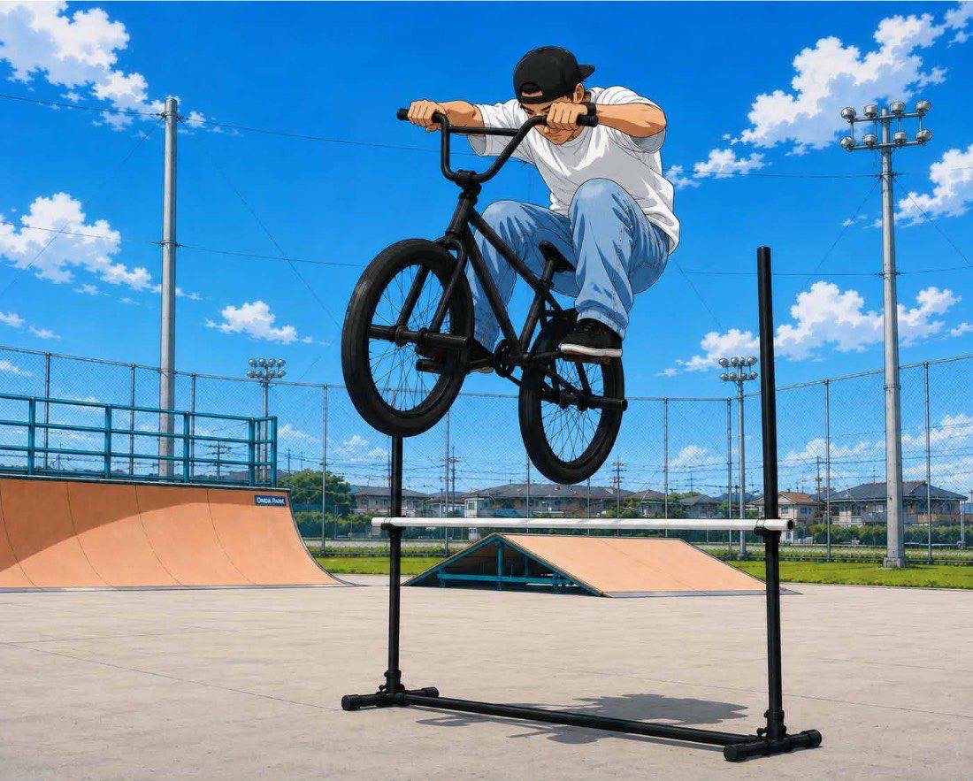 バーを飛び越えるバニーホップの様子（恩田スポーツパーク 都市型スポーツ広場のイメージ）